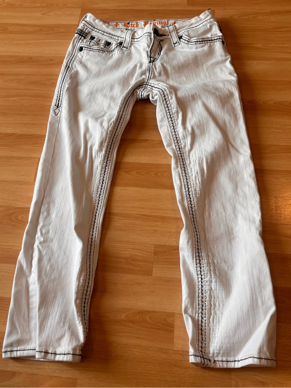 Rock Revival Y2K Maggie Easy Capri White Jeans with Black Stitching